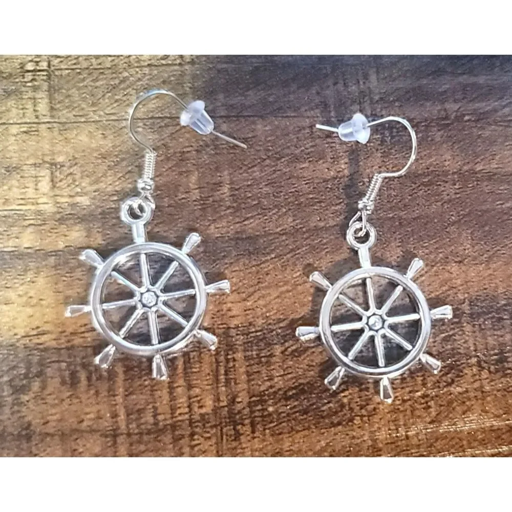 New Silver Ship Rudder Dangle Earrings